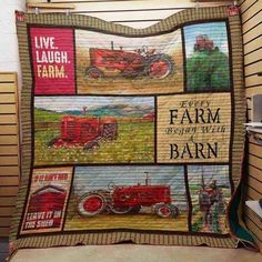 a quilt that has pictures of farm equipment on the front and sides, along with words like live laugh farm