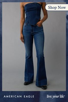 Next Level Stretch/Our softest, stretchiest, never-loses-its-shape denim/Super soft inside and out, comfortable and lightweight/Won't bag out. Ever./Dark wash Stretch Jeans Woman, Cheap Relaxed Fit Dark Wash Flare Jeans, Bootcut Flare Jeans Outfit, High Rise Stretch Flares For Fall, High Rise Stretch Flare Jeans For Fall, Stretch High Rise Flare Jeans For Fall, Versatile High Waist Dark Wash Flare Jeans, Fitted High Waist Flare Jeans, High Waist Stretch Flare Jeans For Fall