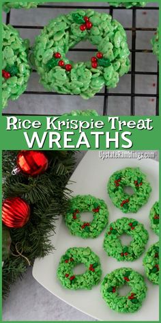 rice krispie treat wreaths with green frosting and red berries on the top