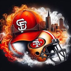 the san francisco giants helmet is on fire in front of a cityscape with flames