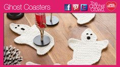 crocheted ghost coasters on a wooden floor with text overlay that says,'ghost coasters '