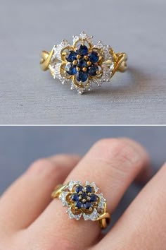 Sapphire Flower Ring, Diamond Flower Ring, Ruby Rings, Emerald Rings, Vintage Sapphire, Ruby Pendant, Gold Ring Designs, Rings Vintage, Anniversary Jewelry