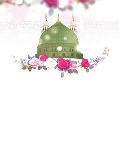 an islamic background with flowers and a mosque on the top, in pinks and greens