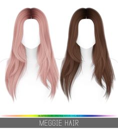 two wigs with long, wavy hair are shown in three different colors and sizes