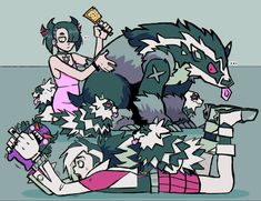 a drawing of a woman sitting on top of a pile of garbage next to a wolf