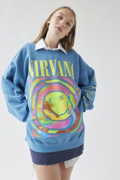 Nirvana Smile Overdyed Sweatshirt | Urban Outfitters Urban Ters Sweatshirts & Hoodies, Blue Nirvana Sweatshirt, Nirvana Smile, Nirvana Sweatshirt, Preppy Fits, Dream Fashion, Harajuku Outfits, Mama Style, Birthday List