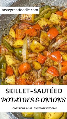 skillet - sauteed potatoes and onions with text overlay