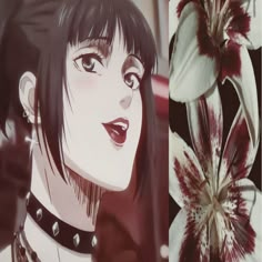 two pictures one with black hair and the other with white flowers in front of them