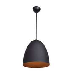 a black and brown light hanging from a ceiling fixture with an orange shade on it