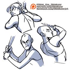 three different poses of a man with a baseball bat in his hand and another drawing of him