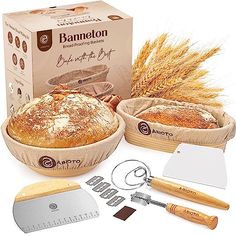 an assortment of breads and tools for baking