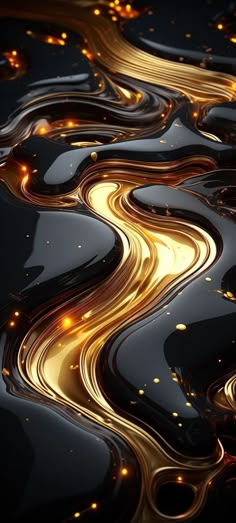 an abstract black and gold background with some lights in the middle, as well as swirls