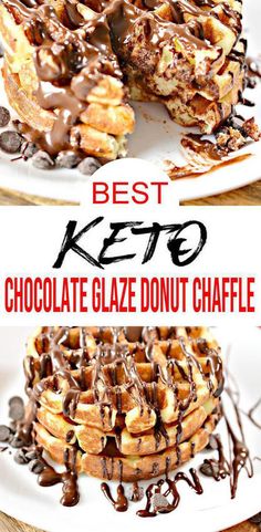 the best keto chocolate glaze donut waffles are stacked on top of each other