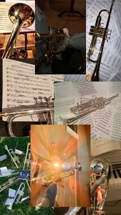 a collage of musical instruments and sheet music