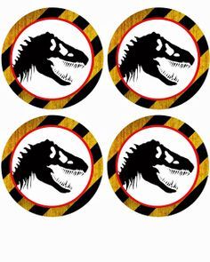 four black and yellow coasters with an image of a dinosaur