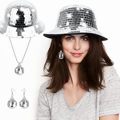 New Disco Mirror Diva Bucket Hat *Earring * Necklace Set *Graduation * Party * 100% Polyester Imported No Closure Hand Wash Only *This Mirror Disco Bucket Hat Will Bring Sparkle To Your Night! Unique Design Makes You More Attractive, Shiny Rhinestones Stick On The Empty Bucket Hat One By One, Looks Charming In The Sun. At The Same Time, These Mirror Glitter Bucket Hats Will Produce Different Glows When Colliding With Light. *Not Only Will You Receive A Disco Bucket Hat But Also A Pair Of Mirrore Adjustable Party Jewelry, Disco Style Silver Jewelry For Party, Adjustable Silver Party Hat, Adjustable Jewelry For Summer Party, Trendy Mini Hats For Summer Party, Silver Jewelry For Party And Holiday, Silver Jewelry For Party And Holiday Season, Silver Jewelry For Holiday Parties, Silver Holiday Party Jewelry