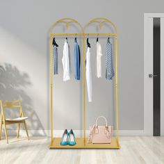 a clothes rack with shoes and handbags on it