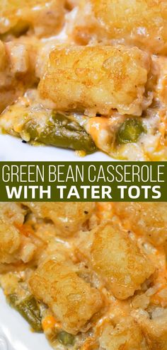 green bean casserole with tater tots on a white plate