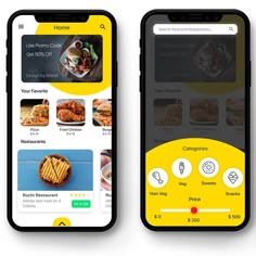 two iphones with food ordering app screens on them, one is yellow and the other is black