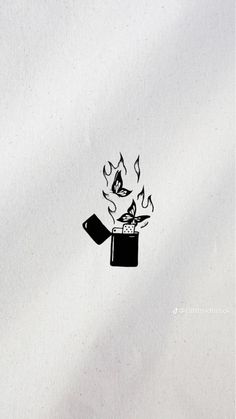 a black and white drawing of a lighter with flames coming out of it's top