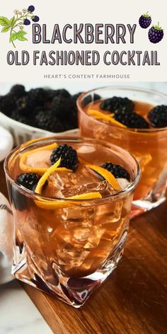 two glasses filled with blackberries and old fashioned cocktail