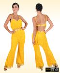 the woman is wearing yellow pants and a halter top