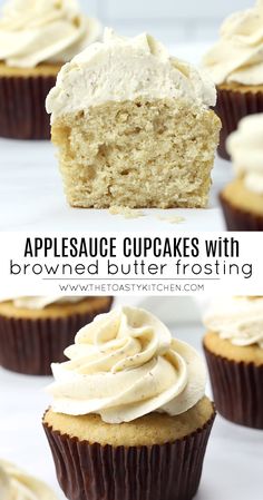 some cupcakes with frosting on top and the words applesauce cupcakes with browned butter frosting