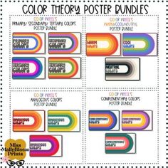 four different colored posters with the words color theory and their corresponding colors are shown in this set