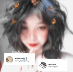 a woman with butterflies on her hair and an instagram sticker above her head