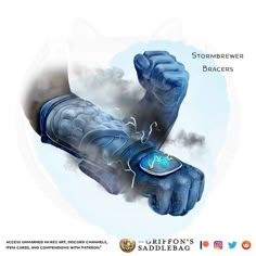 an image of a blue glove with steam coming out of it's palm and the words stormbrewer bracers above it