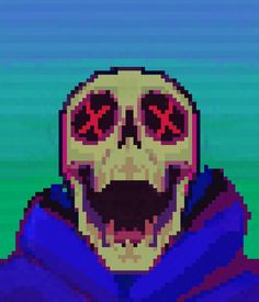 a pixellated image of a skeleton with red eyes and an evil look on his face