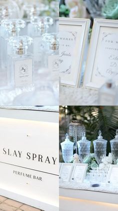 there are many glass bottles on display in the store window and one is labeled slay spray