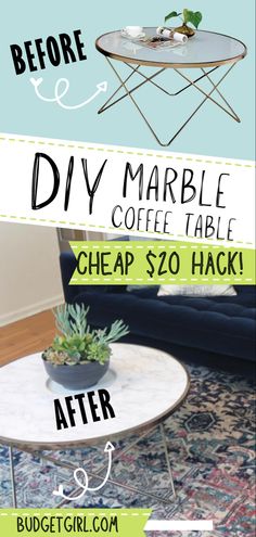 a coffee table that has been turned into a diy marbe coffee table for $ 20