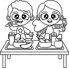 two children eating lunch at the table coloring page for kids to print out and color