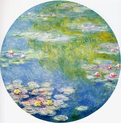 a painting of water lilies in blue and green