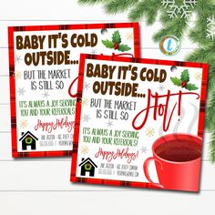 two baby it's cold outside christmas cards with a cup of coffee on the table