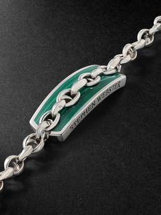 This 'Inline Razer' bracelet from Stephen Webster's 'Thorn Addiction' collection is a modern take on traditional ID styles. It's crafted from sterling silver and detailed with a malachite plaque worked around the substantial chain, which features the signature motif expertly carved into each link. Luxury Sterling Silver Inlay Bracelet, Luxury Traditional Sterling Silver Bracelet For Men, Luxury Men's Sterling Silver Oval Link Bracelet, Adjustable Brutalist Metal Bracelets, Stephen Webster Jewelry, Luxury Silver Brutalist Jewelry, Malachite Bracelet, Triple Wrap Bracelet, Stephen Webster