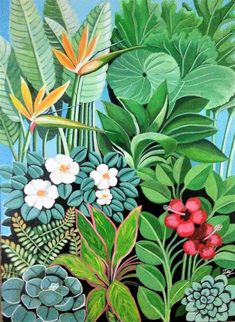 a painting of plants and flowers on a blue background