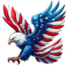 an eagle with the colors of the american flag painted on it's wings and talons