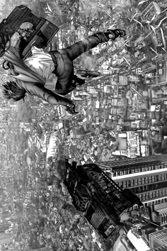 a black and white photo of a woman flying in the air over a cityscape