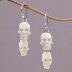 Bone dangle earrings, 'Trunyan Skulls' - Handcrafted Bone Skull Dangle Earrings from Bali #halloween #halloweenjewelry #skulljewelry Biker Jewelry, Skull Jewelry, Halloween Jewelry, Jewelry Packaging, Earrings Dangle, Open Air, Hook Earrings, Jewelry Gift Box, Free Jewelry