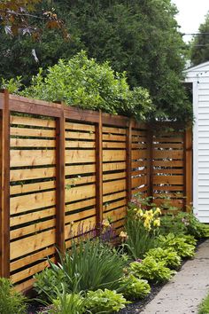 an image of a garden with flowers and plants growing on the side of the fence