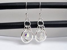 Chainmaille earrings - sputnik earrings - illusion earrings - crystal earrings - silver chainmaille Crystal Earrings Diy, Wire Bead Jewelry, Illusion Earrings, Ideas For Earrings, Earrings Homemade, Chainmaille Jewelry Patterns, Laser Engraved Earrings, Chainmail Patterns, Saturn Ring