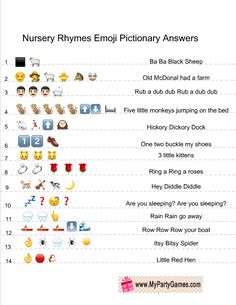 the numbers and symbols for nursery rhymes'emojy dictionary are shown