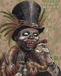 Sketch of the Day! BARON SAMEDI This one was a load of fun because of the unusual subject the voodoo loa BARON SAMEDI gatekeeper to the world of the dead. Hope you enjoy my take on him. You can commission your very own piece over in my STORE. 9" x 12" inks & acrylics (w/ Raphael brushes) and Copic Marker on Strathmore toned paper. #baronsamedi #voodoo #magic #death #dead #art #artist #artwork #artistic #sketch #sketches #drawing #copic #copicmarkers #raphaelbrushes #strathmore #commission #t Voodoo Costume, Voodoo Priest, Voodoo Tattoo, Voodoo Halloween, Orishas Yoruba, Baron Samedi, Papa Legba, Witch Doctor