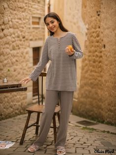 Olivia Mark - Striped Interlock Cotton Long-Sleeve Pure Cotton Couples Pajamas - Minimalist Knitwear for Home Pajamas Minimalist, Minimalist Knitwear, Couples Pajamas, Couple Pajamas, Long Sleeve Denim Shirt, Vellum Paper, Japanese Paper, Cotton Pyjamas, Cotton Tank Top