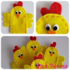 four pictures of different types of stuffed animals with eyes and ears, one has a chicken on it's head