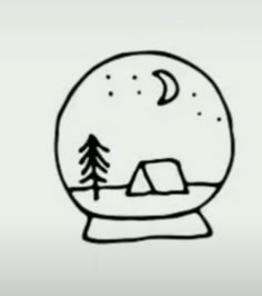 a drawing of a snow globe with trees and a tent in the middle, on a white background