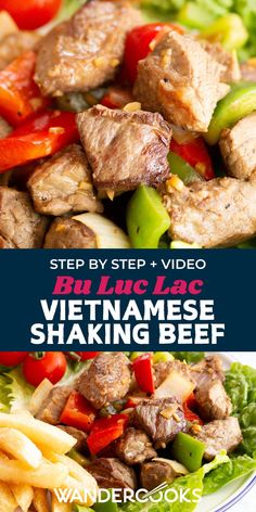 vietnamese beef and vegetable stir fry on a plate with text overlay that reads, step by step video