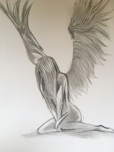 a pencil drawing of a woman with wings on her back, sitting in the sand